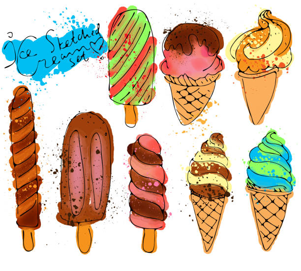istock Set of hand draw colored watercolor ice cream illustration 613555572