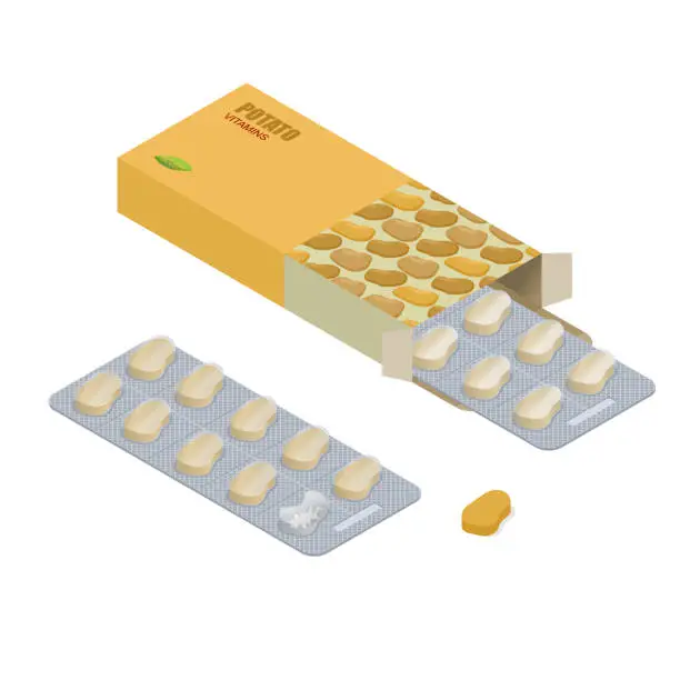 Vector illustration of Potato pills in pack. Vegetarian vitamins. Tablets in box. Natur