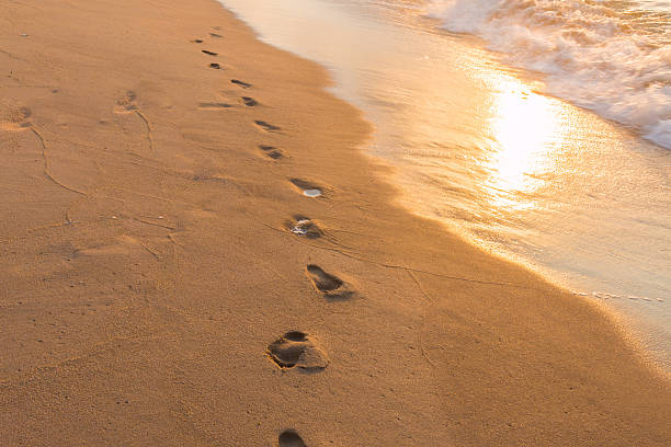 istock Footprints in the Sand reflective  at sunset time 613557692