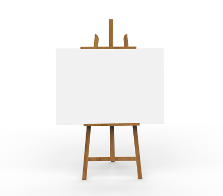 3D illustration ob blank canvas on a wooden easel on a white background