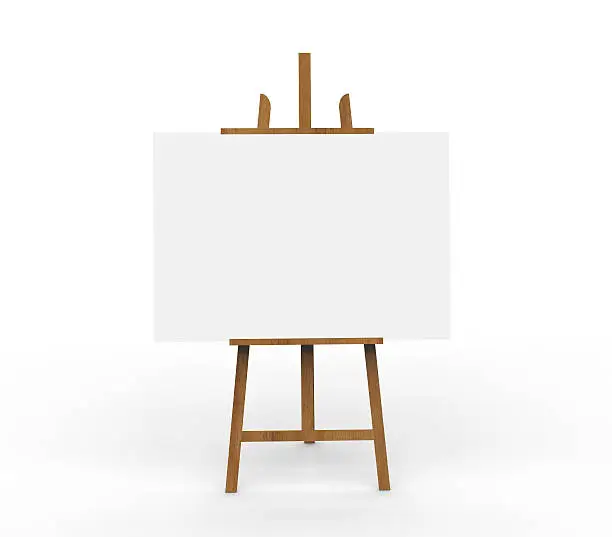 3D illustration ob blank canvas on a wooden easel on a white background