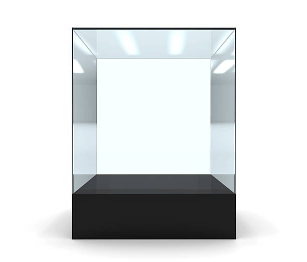 istock 3D illustration of empty glass showcase in front 613558336
