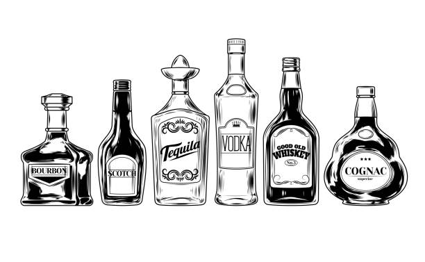 Vector set of bottles for alcohol Vector set of bottles for alcohol, engraving tequila drink illustrations stock illustrations