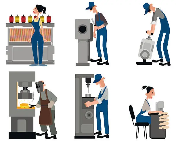 Vector illustration of Six workers with machines