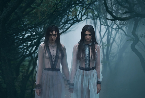 The girls are crying. Young ladies in ancient dresses walking through the woods in search of a victim. Foggy, spooky forest. Photoshoot in the style of horror. Mystical photo. Fashionable tinted.Creative color.