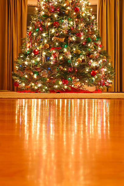 lights reflect off harwood floor from lit christmas tree - harwood floor imagens e fotografias de stock