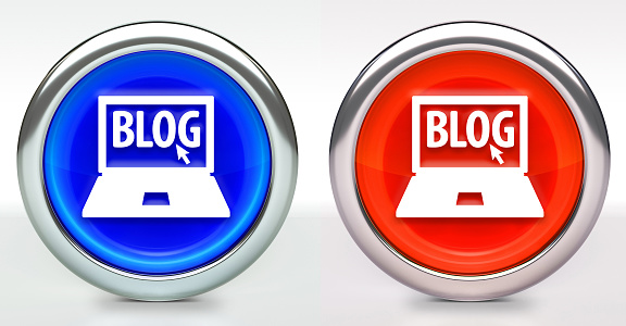 Blog Computer Icon on Button with Metallic Rim. The icon comes in two versions blue and red and has a shiny metallic rim. The buttons have a slight shadow and are on a white background. The modern look of the buttons is very clean and will work perfectly for websites and mobile aps.
