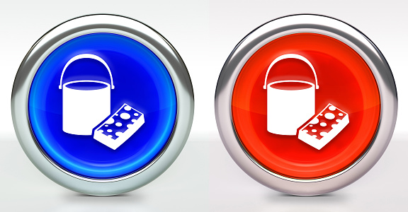 Bucket & Sponge Icon on Button with Metallic Rim. The icon comes in two versions blue and red and has a shiny metallic rim. The buttons have a slight shadow and are on a white background. The modern look of the buttons is very clean and will work perfectly for websites and mobile aps.