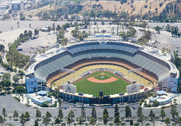 The Dodger Stadium Los Angeles, United States - May 27, 2015: Aerial view of the Dodger Stadium in Elysian Park. The stadium and the stands and the parking lots around it are empty. major league baseball stock pictures, royalty-free photos & images