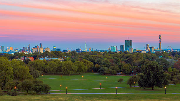 Panoramic View of London Cityscape London cityscape seen from Primrose Hill at sunset southwark stock pictures, royalty-free photos & images