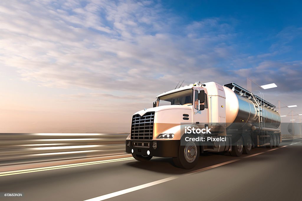 3D rendering of Tanker on the road at dawn Gasoline Stock Photo