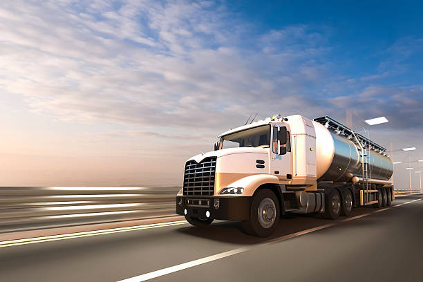 3D rendering of Tanker on the road at dawn stock photo