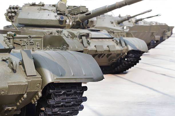 istock Russian tanks  in row outside 613653450