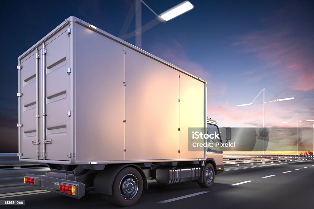 3d rendering of delivery truck on the road at dawn Truck Stock Photo