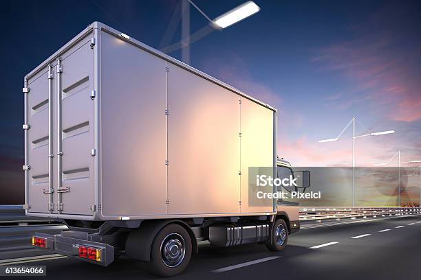 3d Rendering Of Delivery Truck On The Road At Dawn Stock Photo - Download Image Now - Truck, Pick-up Truck, Road