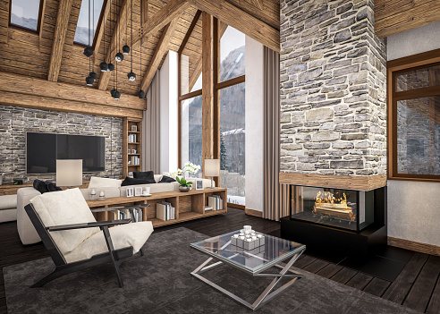 3D rendering of living room, kitchen and dining room and stair are combined in one area of chalet. Rafter beam system decorates the interior.