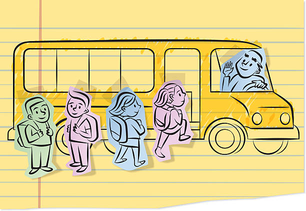 Back to School Kids getting on the bus for the first day of school. woodward stock illustrations
