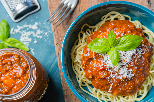 Bolognese sauce, spaghetti, pasta, meat,  cheese, basil
