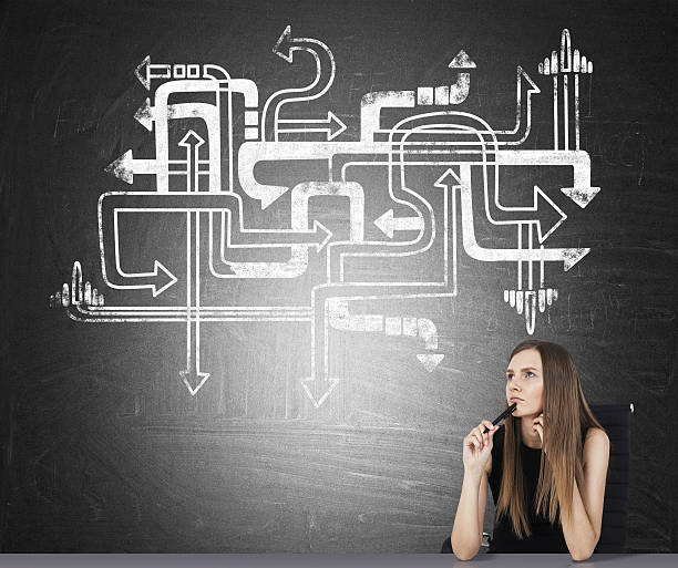 istock Sitting girl and arrows 613657790