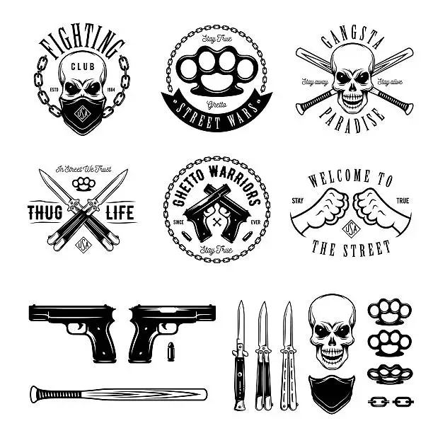 Vector illustration of Gangster monochrome labels badges emblems and design elements set. Vintage