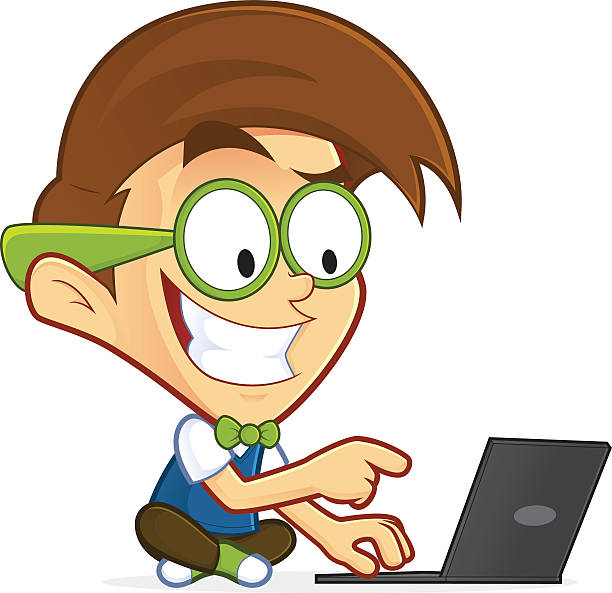 nerd компьютерщик со своим ноутбуком - nerd men computer cheerful stock illustrations