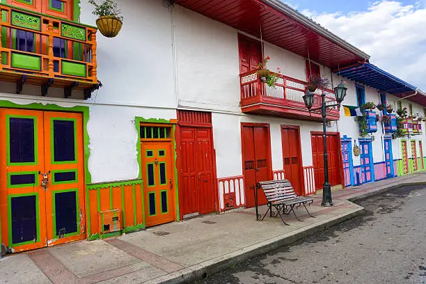 Bright colorful colonial architecture in Salento, Colombia