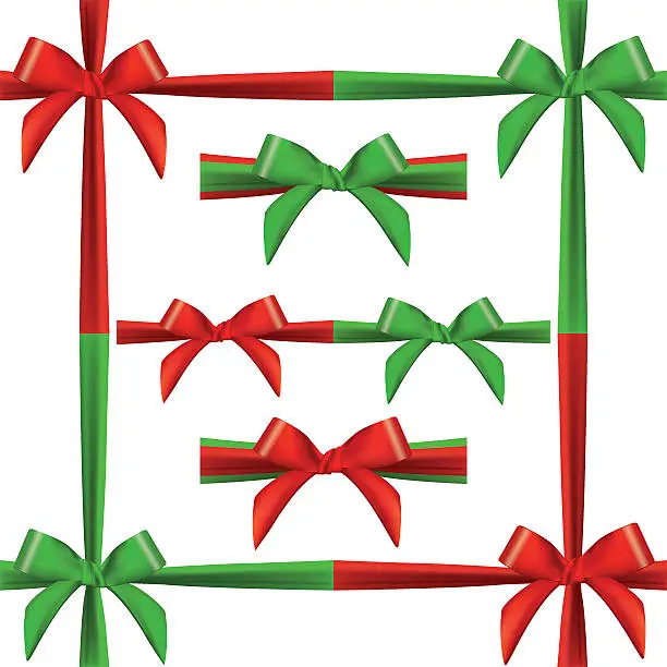 Vector illustration of Red and Green Satin bows with ribbons Set