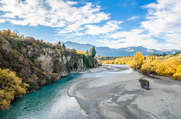 View from the Historic Bridge over Shotover River in Arrowtown stock photo
