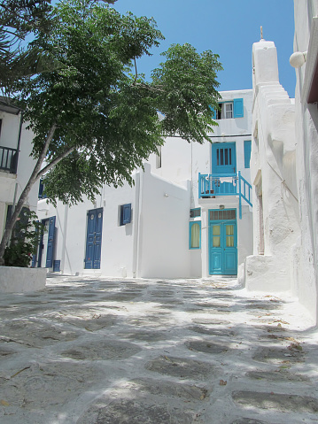 Typical traditional whitewashed buildings in Mykonos 