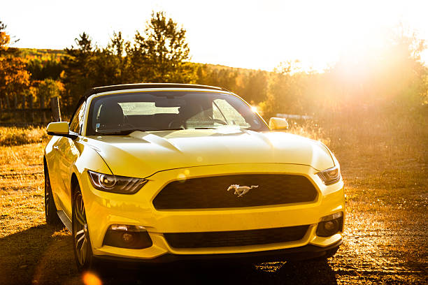 Flagstaff, Maine, USA - October 10, 2016: View of a yellow Ford Mustang GT convertible 2016 version parked on the countryside of Flagstaff in Maine at dusk. Ford Mustang is a sport coupe made by Ford.