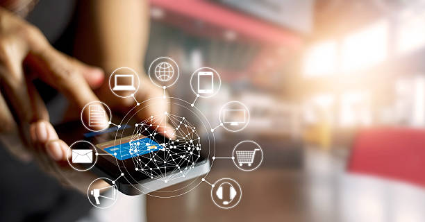 istock Man using mobile payments online shopping and icon customer network 613672992