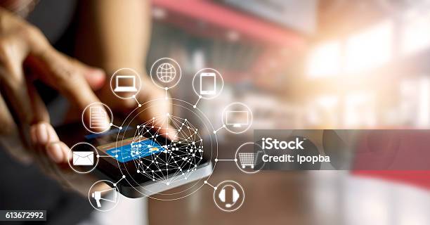 Man Using Mobile Payments Online Shopping And Icon Customer Network Stock Photo - Download Image Now