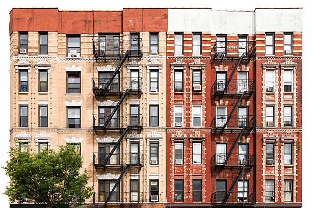 new york city apartment building im east village - fire escape stock-fotos und bilder