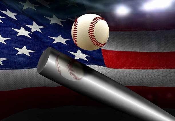 kij baseballowy uderzający piłkę z amerykańską flagą - baseball baseball bat baseballs patriotism zdjęcia i obrazy z banku zdjęć