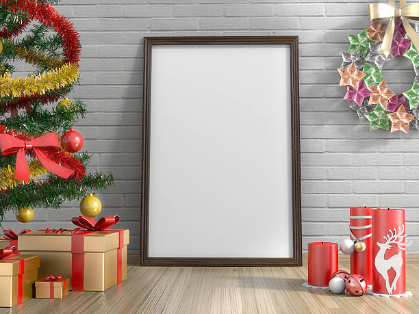 istock Golden gifts,Christmas tree ,candle and empty picture frame. 613674608