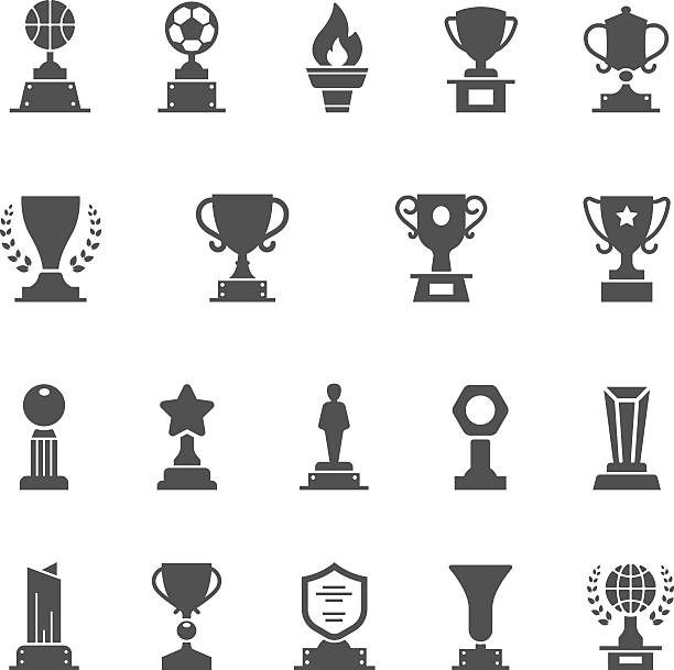 illustrazioni stock, clip art, cartoni animati e icone di tendenza di set di icone solide vettoriali trophy awards - medal soccer success winning