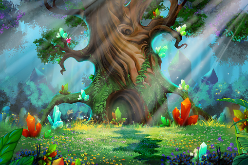 Forest Treasure. Video Game's Digital CG Artwork, Concept Illustration, Realistic Cartoon Style Background