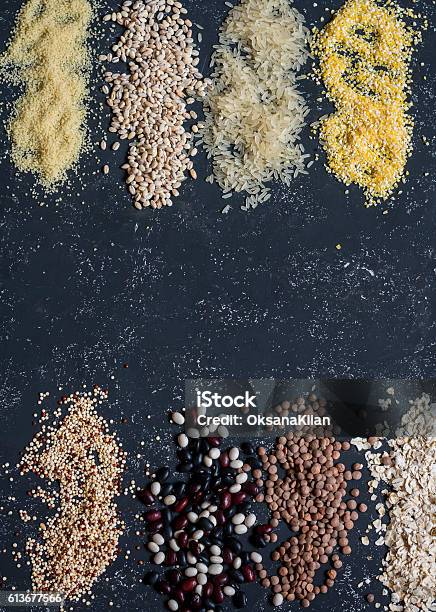 Variation Of Grain Quinoa Beans Couscous Lentils Barley Oatmeal Stock Photo - Download Image Now