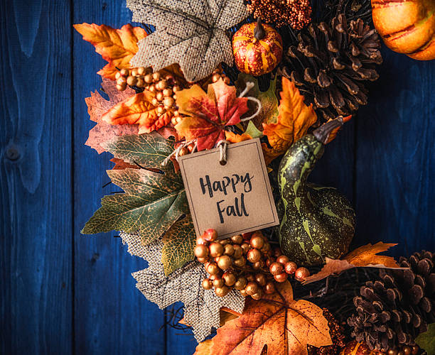 istock Ornate fall wreath with pumpkins, pinecones, message and leaves 613677880