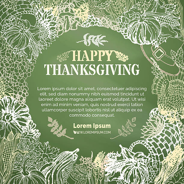 Vector chalk Thanksgiving background. Traditional harvest symbols and food on green chalkboard background. Turkey, cornucopia, pilgrim's hat, pumpkin, corn, wheat, sunflower, autumn leaves and others. green apple on green background stock illustrations