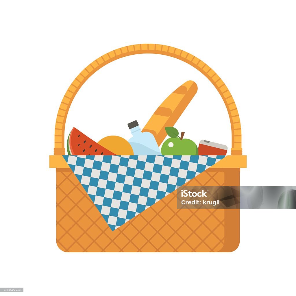 Wicker Picnic Basket Wicker picnic basket vector illustration. Opened food hamper bag vector illustration. Picnic stock vector