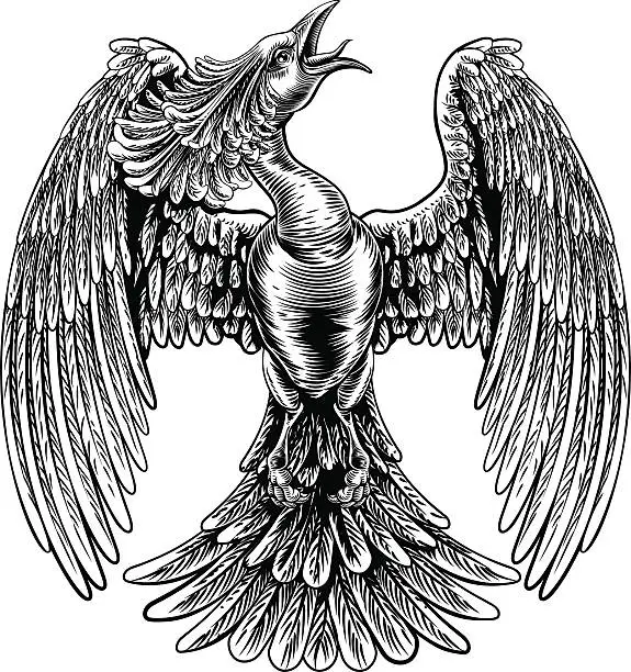 Vector illustration of Phoenix Fire Bird in Vintage Woodcut Style