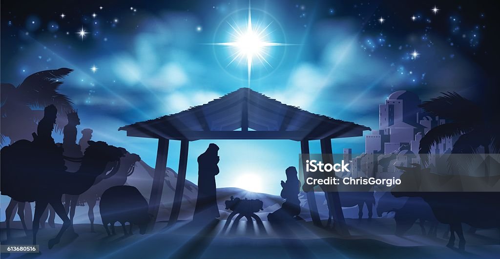 Nativity Scene Christmas Christian Christmas Nativity Scene of baby Jesus in the manger with Mary and Joseph in silhouette surrounded by animals and the three wise men magi with the city of Bethlehem in the distance Nativity Scene stock vector