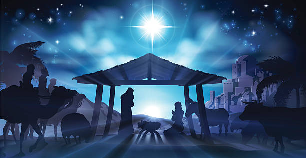 Nativity Scene Christmas Christian Christmas Nativity Scene of baby Jesus in the manger with Mary and Joseph in silhouette surrounded by animals and the three wise men magi with the city of Bethlehem in the distance christmas three wise men camel christianity stock illustrations