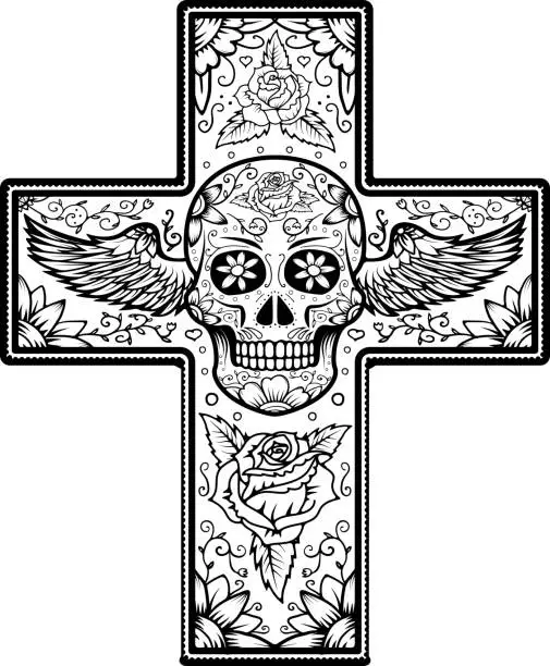 Vector illustration of Monochrome Cross with winged sugar skull isolated on white