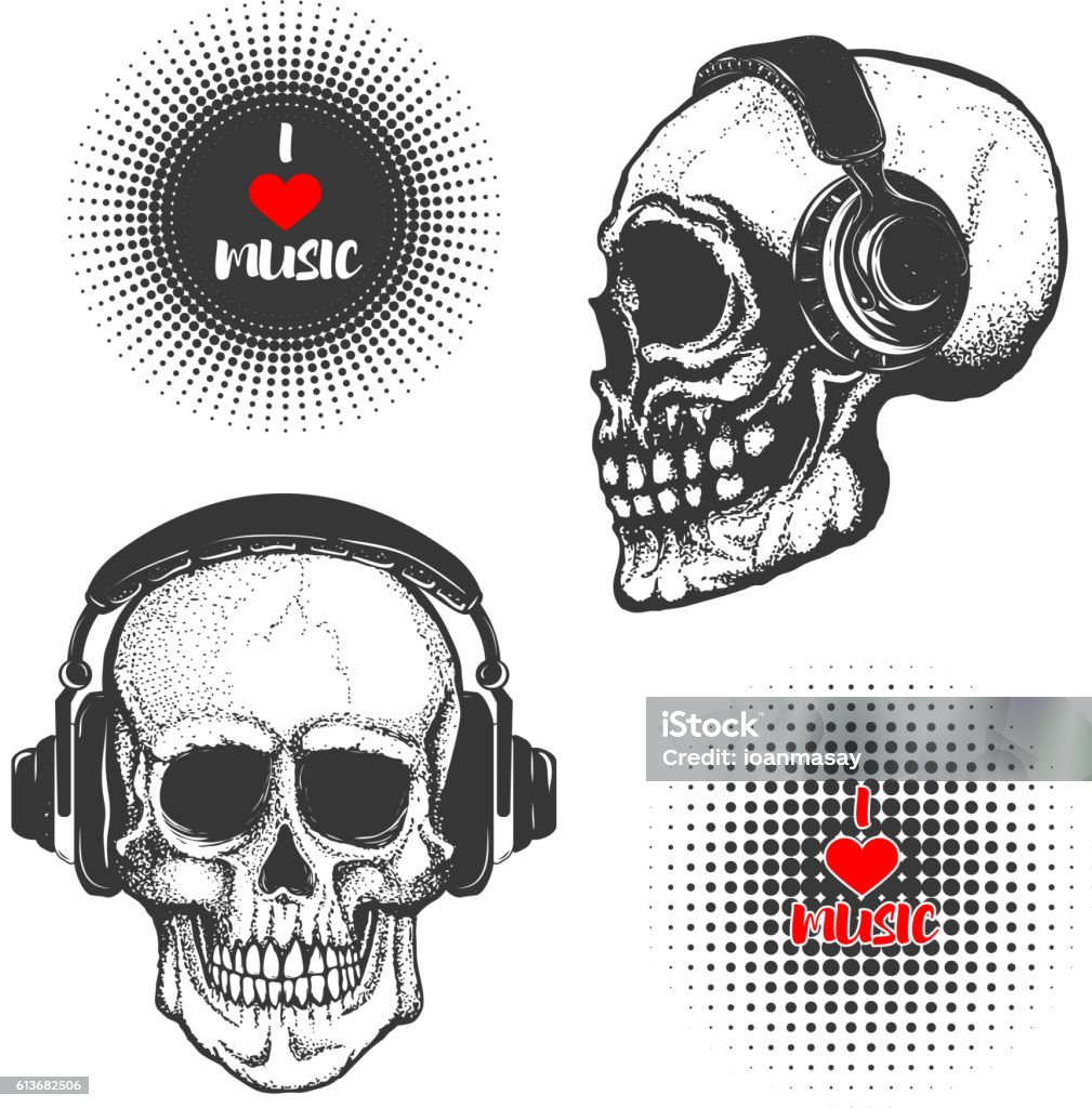 Set of the hand drawn skulls in headphones Set of the hand drawn skulls in headphones isolated on white background. I love music. Vector illustration. Adult stock vector