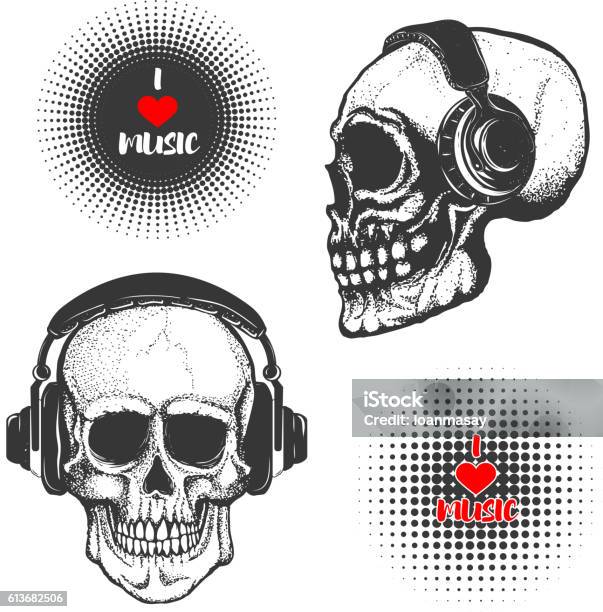 Set Of The Hand Drawn Skulls In Headphones Stock Illustration - Download Image Now - Adult, Anatomy, Arts Culture and Entertainment