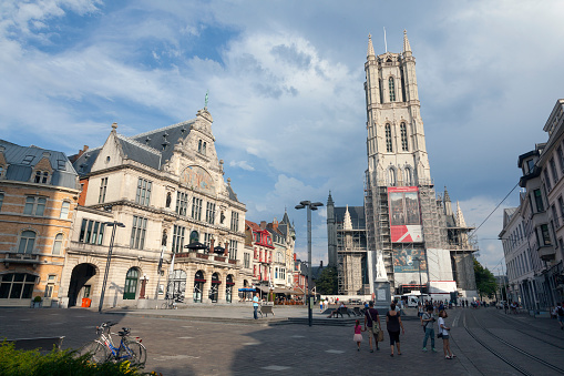 Ghent, Belgium - August 27, 2016: people enjoy nice weather in front of theatre in ghent