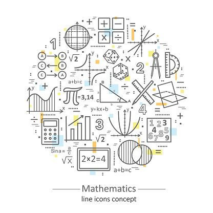 Modern color thin line concept of mathematics for school, university and training. Vector illustration with different elements on the subject mathematics. Logo Concepts for Trendy Designs.