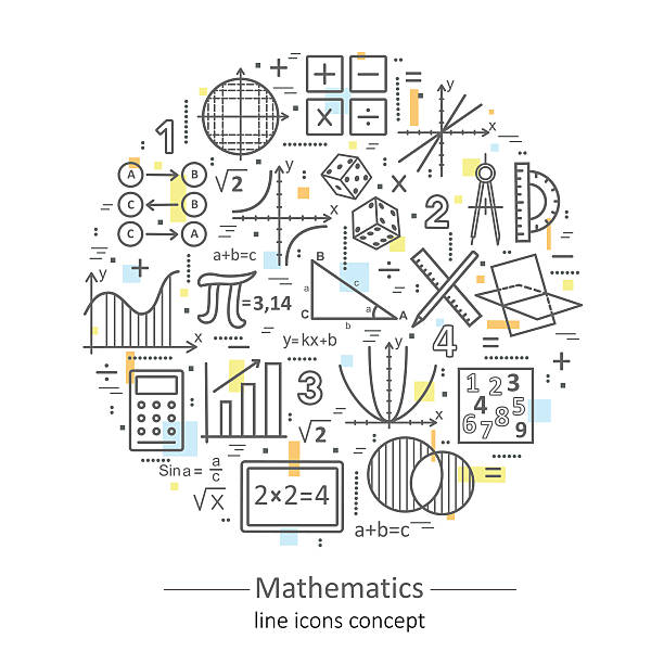 Modern color thin line concept of mathematics. Modern color thin line concept of mathematics for school, university and training. Vector illustration with different elements on the subject mathematics. Logo Concepts for Trendy Designs. mathematical symbol stock illustrations